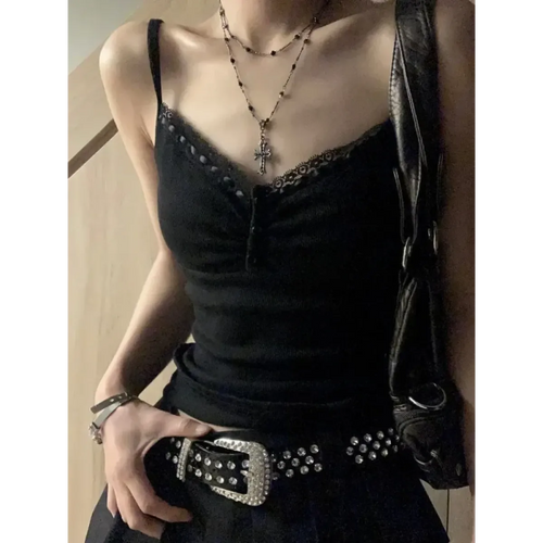Black Lace Trim Tank Top – Y2K Gothic Coquette Punk Grunge Crop Top - Night Bloom Digital Empire Studios