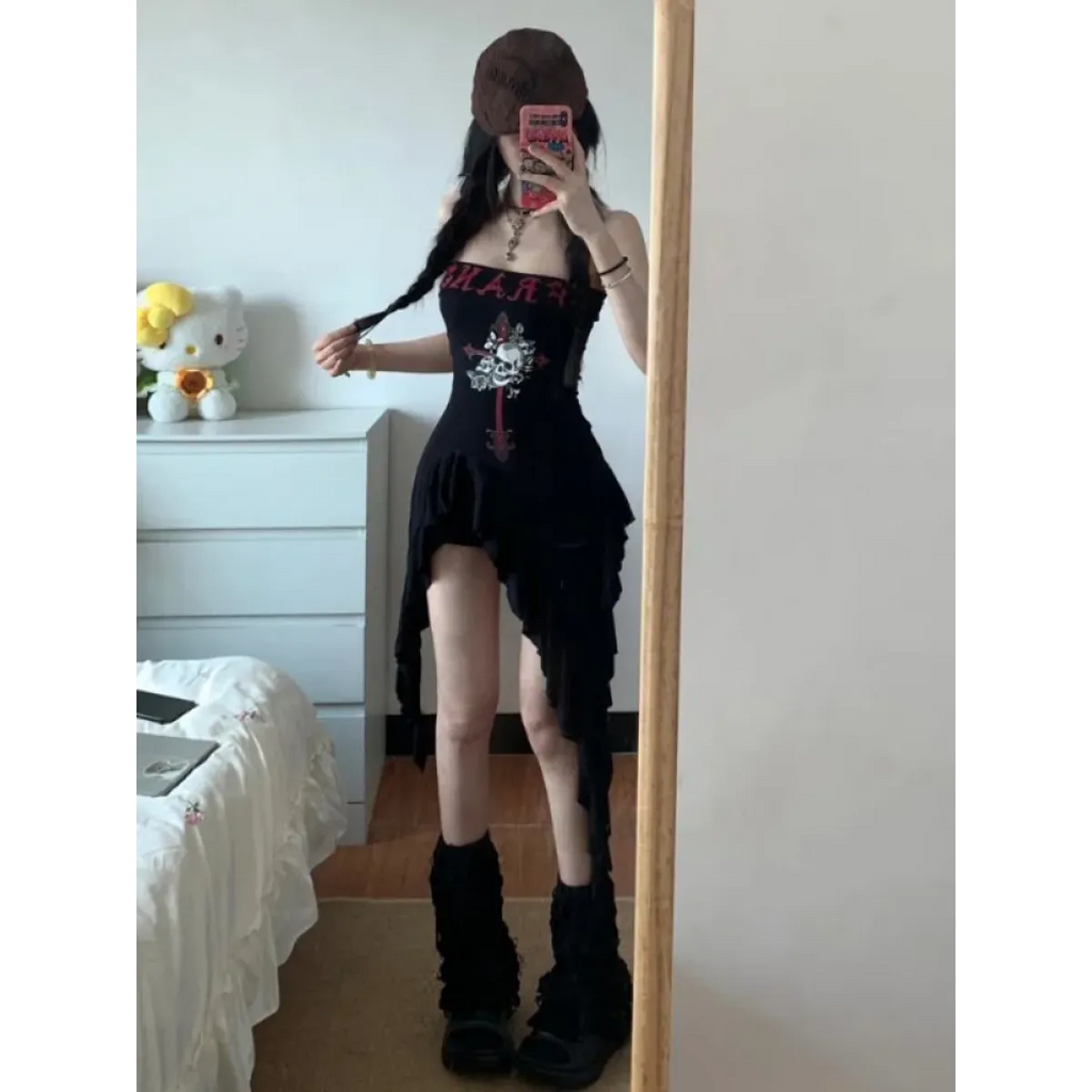 Strapless Irregular Hem Dress – Y2K Gothic Harajuku Punk Style - Night Bloom Digital Empire Studios