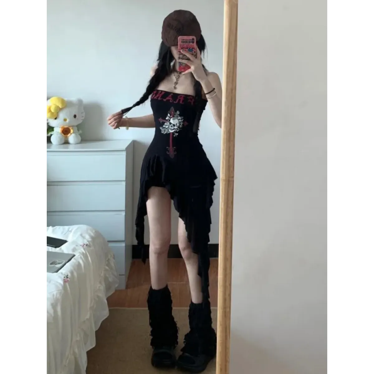 Strapless Irregular Hem Dress – Y2K Gothic Harajuku Punk Style - Night Bloom Digital Empire Studios