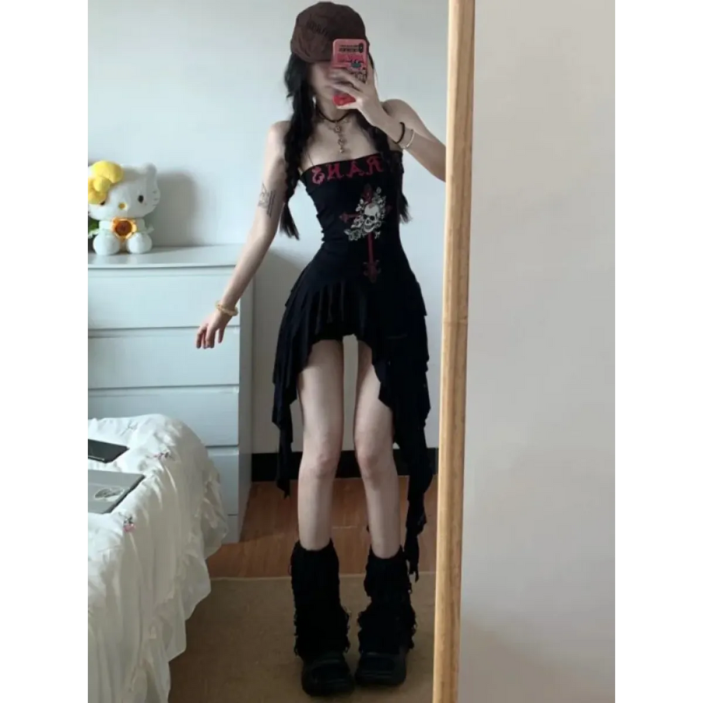 Strapless Irregular Hem Dress – Y2K Gothic Harajuku Punk Style - Night Bloom Digital Empire Studios