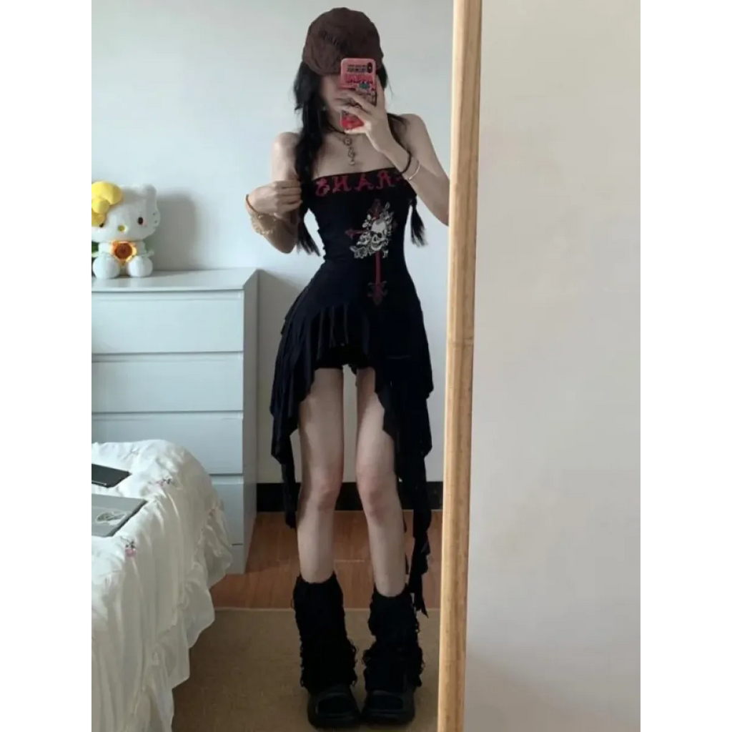 Strapless Irregular Hem Dress – Y2K Gothic Harajuku Punk Style - Night Bloom Digital Empire Studios