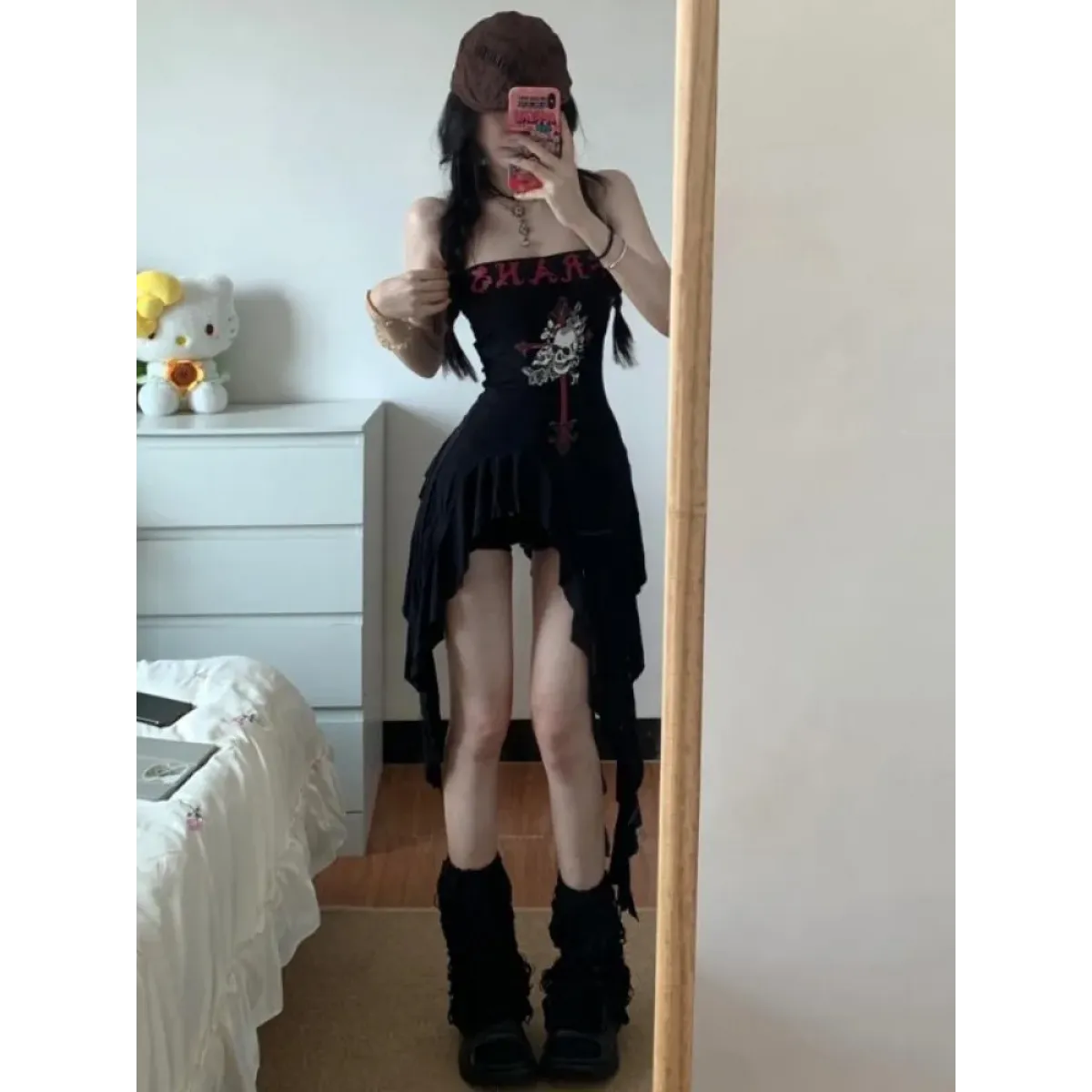 Strapless Irregular Hem Dress – Y2K Gothic Harajuku Punk Style - Night Bloom Digital Empire Studios