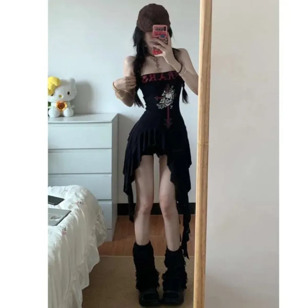 Strapless Irregular Hem Dress – Y2K Gothic Harajuku Punk Style - Night Bloom Digital Empire Studios