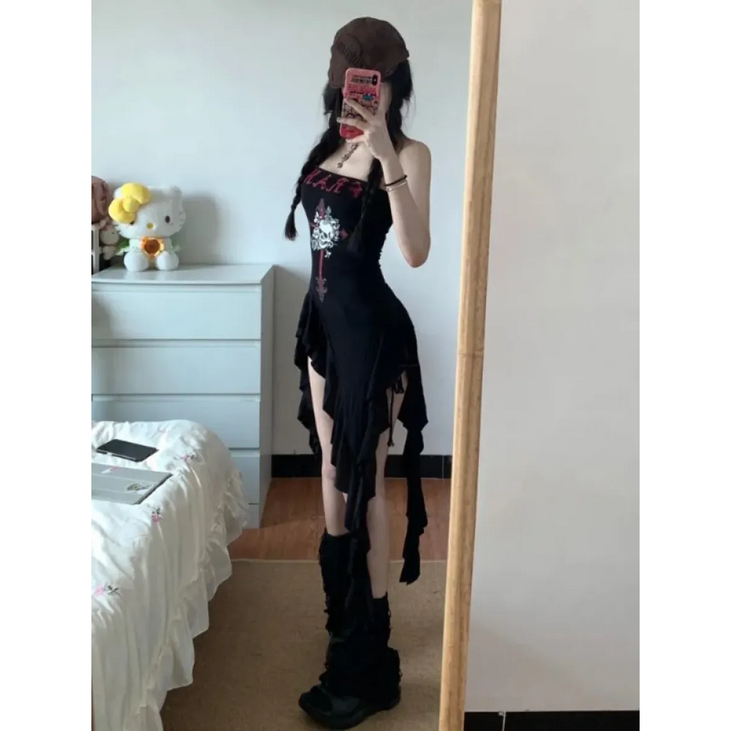 Strapless Irregular Hem Dress – Y2K Gothic Harajuku Punk Style - Night Bloom Digital Empire Studios