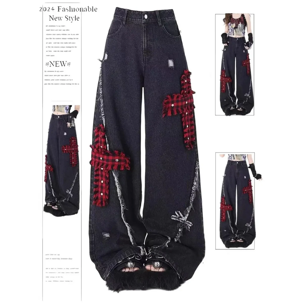 Gothic Patchwork Baggy Jeans – Y2K Harajuku Grunge - Night Bloom Digital Empire Studios