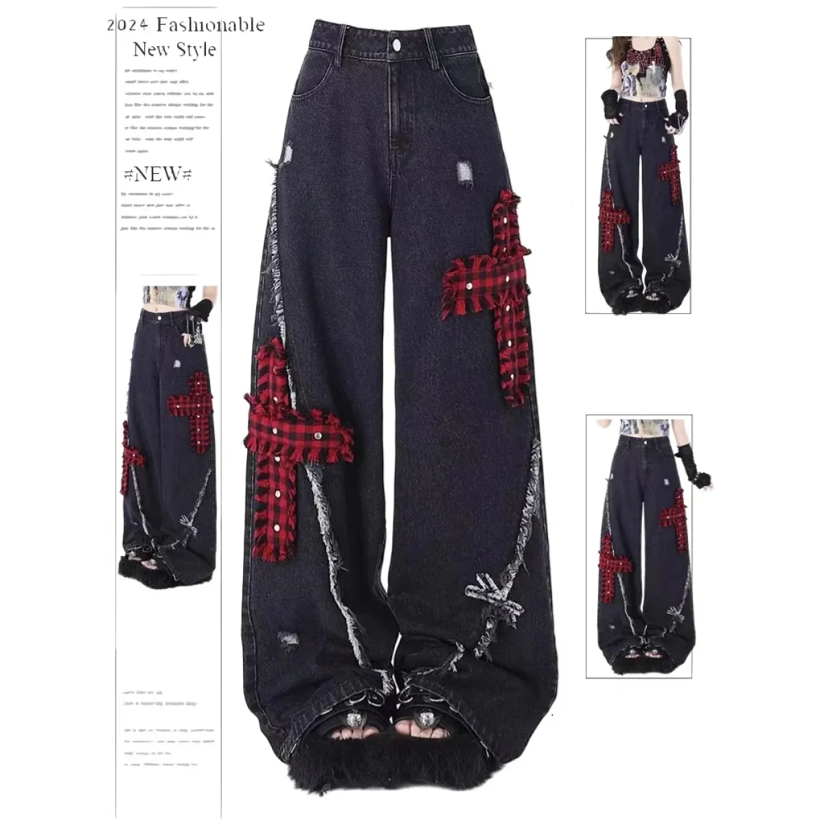 Gothic Patchwork Baggy Jeans – Y2K Harajuku Grunge - Night Bloom Digital Empire Studios