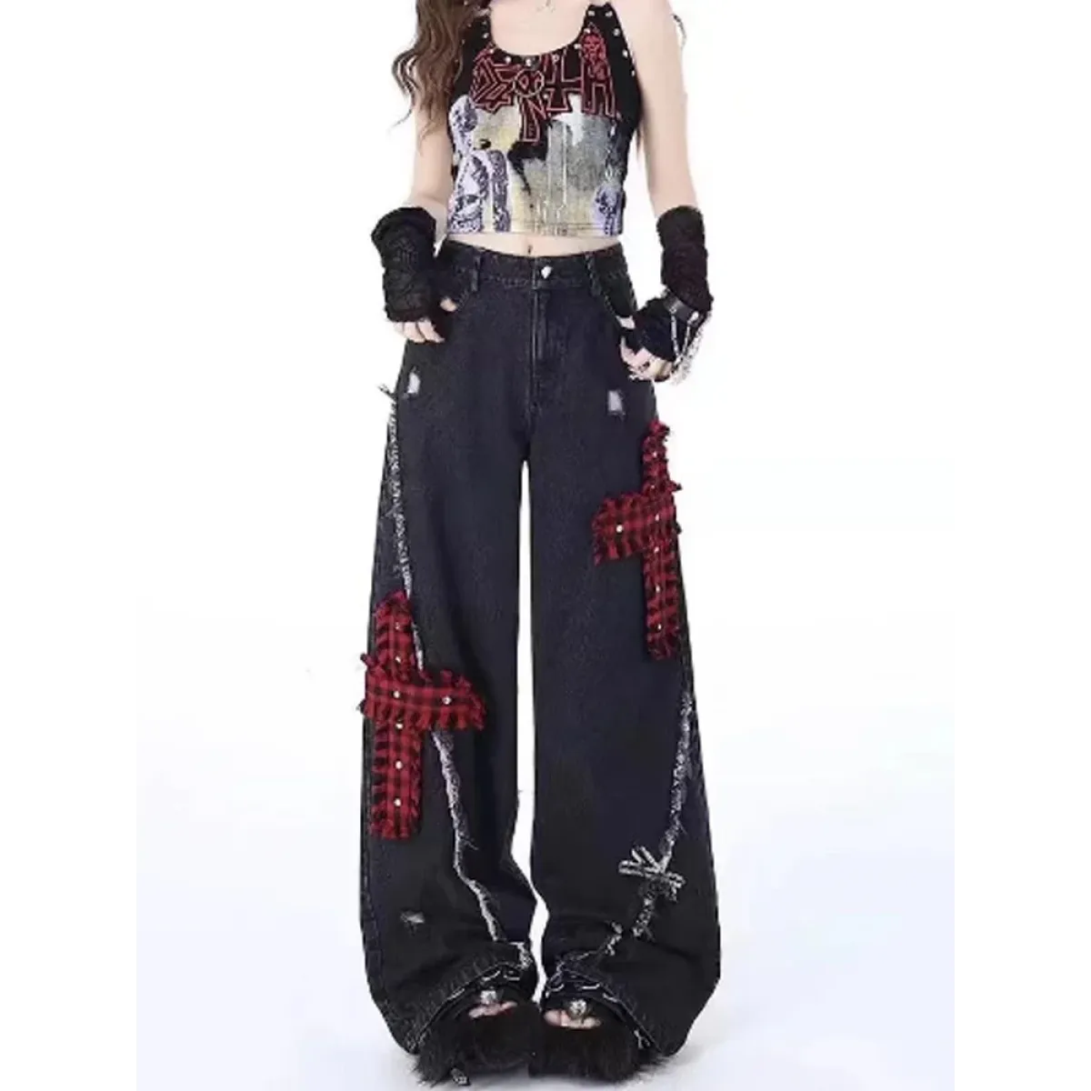 Gothic Patchwork Baggy Jeans – Y2K Harajuku Grunge - Night Bloom Digital Empire Studios