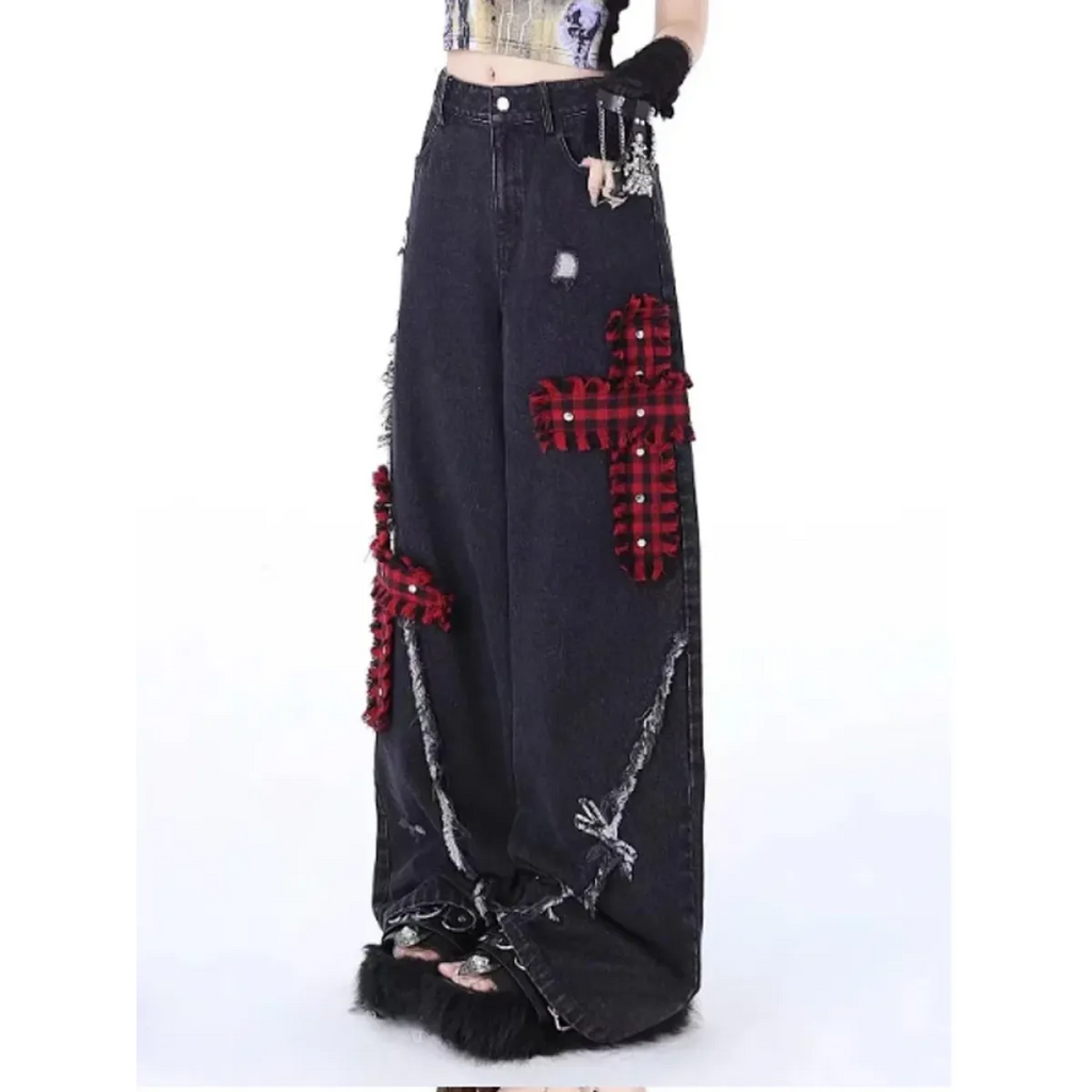 Gothic Patchwork Baggy Jeans – Y2K Harajuku Grunge - Night Bloom Digital Empire Studios