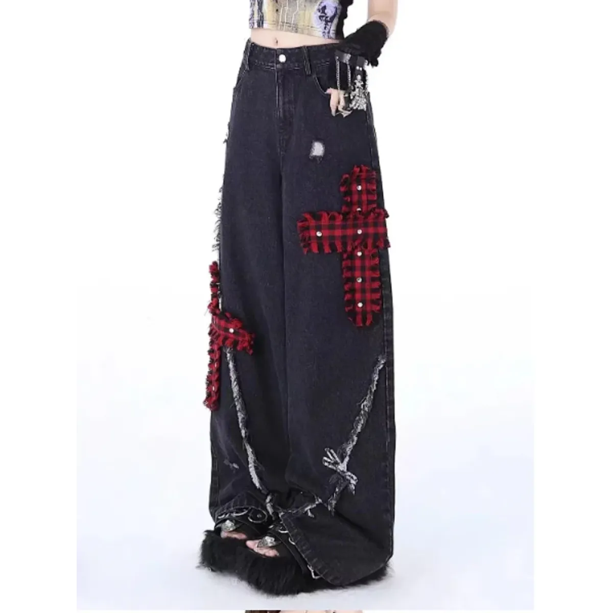 Gothic Patchwork Baggy Jeans – Y2K Harajuku Grunge - Night Bloom Digital Empire Studios