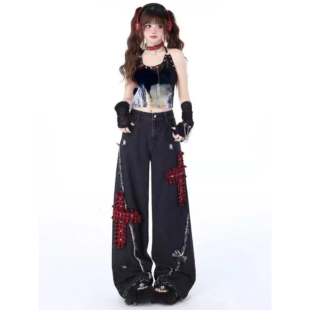 Gothic Patchwork Baggy Jeans – Y2K Harajuku Grunge - Night Bloom Digital Empire Studios