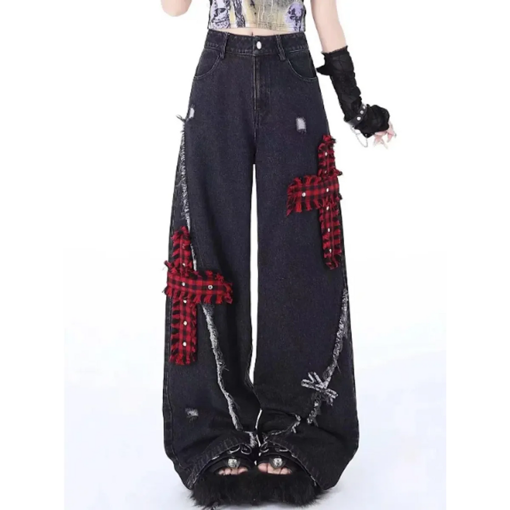 Gothic Patchwork Baggy Jeans – Y2K Harajuku Grunge - Night Bloom Digital Empire Studios