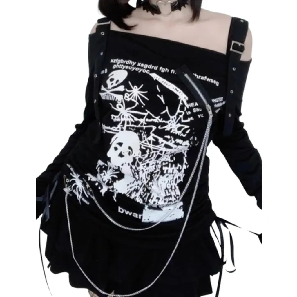 Gothic Punk Off-Shoulder Top – Y2K Skull Print Tee - Night Bloom Digital Empire Studios