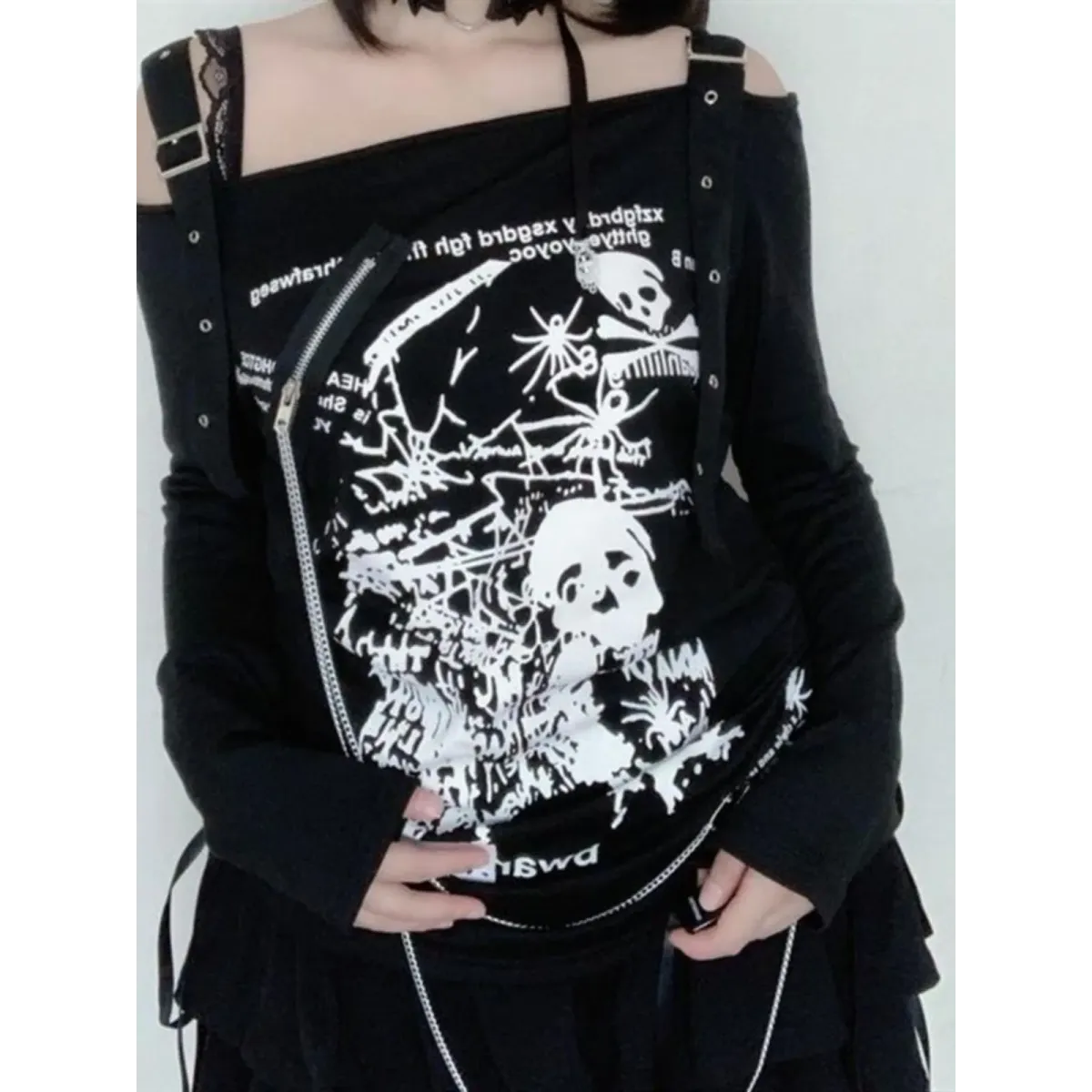 Gothic Punk Off-Shoulder Top – Y2K Skull Print Tee - Night Bloom Digital Empire Studios