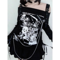 Gothic Punk Off-Shoulder Top – Y2K Skull Print Tee - Night Bloom Digital Empire Studios