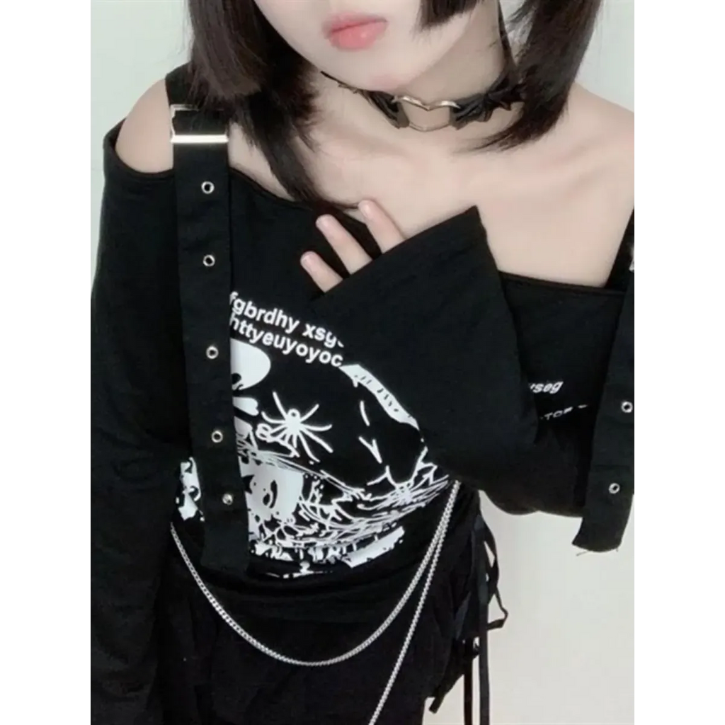 Gothic Punk Off-Shoulder Top – Y2K Skull Print Tee - Night Bloom Digital Empire Studios