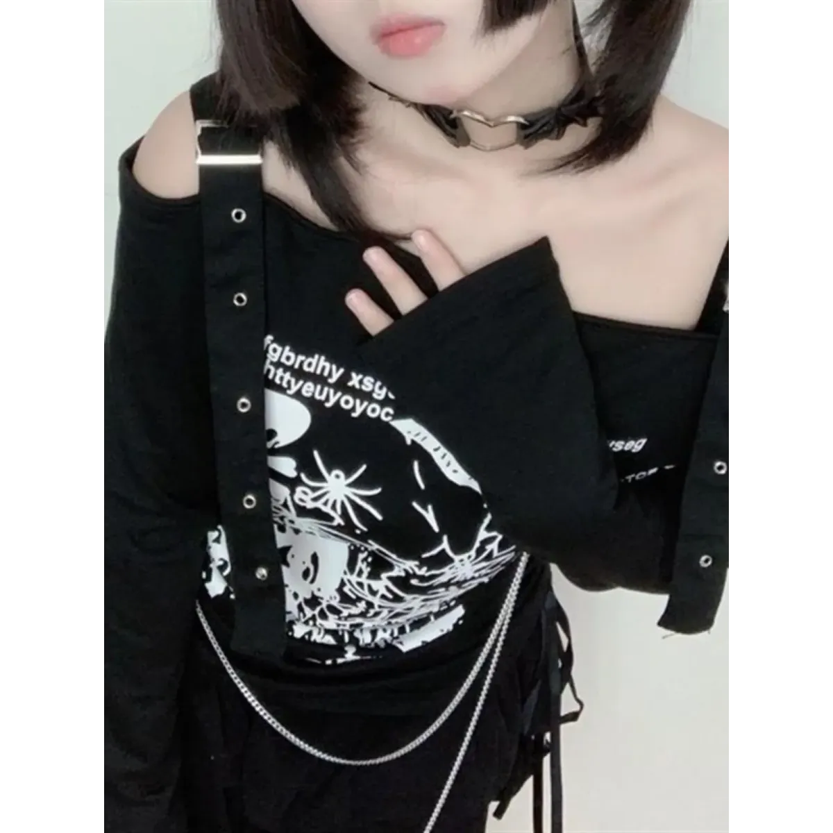 Gothic Punk Off-Shoulder Top – Y2K Skull Print Tee - Night Bloom Digital Empire Studios